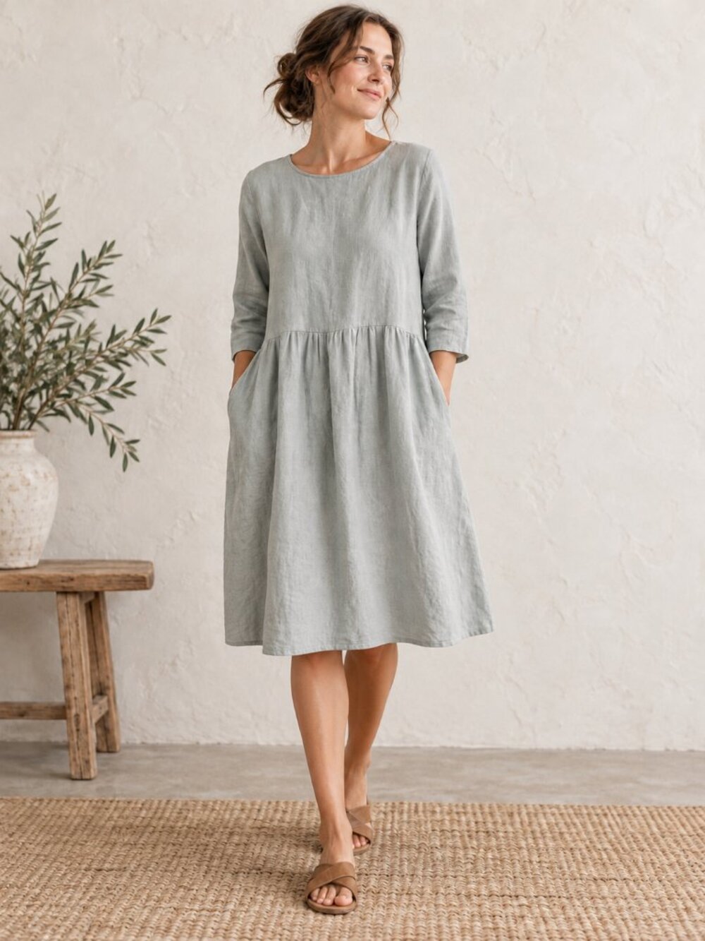 OffOn Clothing 100% Linen Midi Dress Mist Gray Lagenlook Size Large